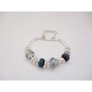 2034 NIP Beautiful Antique Vintage Silver Charm Silver Blue Bead Slider Bracelet
